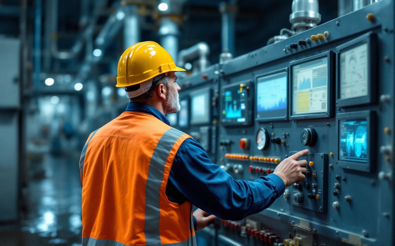 Ingénieur en gilet de sécurité et casque surveillant un panneau de contrôle d'une station de traitement des eaux, écrans et manomètres visibles, usine en arrière-plan, éclairage naturel doux
