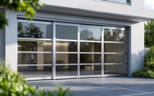 Portail coulissant moderne en aluminium devant un immeuble de bureaux, finition argentée et gris foncé, reflets de verre, aménagement paysager en bordure, éclairage matinal lumineux avec légers rayons volumétriques