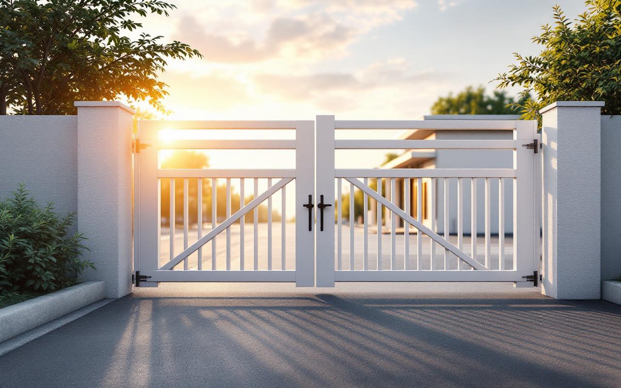 Portail battant en PVC blanc à l'entrée d'un petit parking d'entreprise, allée goudronnée, petit bâtiment de bureaux en arrière-plan, lumière volumétrique douce de coucher de soleil, tons dominants blanc, gris et verts industriels, ambiance réaliste et naturelle.