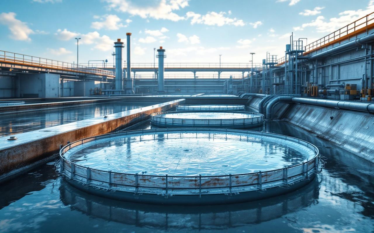 Usine de traitement des eaux industrielles avec bassins de décantation et unités à membranes, tuyauteries et réservoirs en acier inoxydable, sol humide, opérateurs en tenue, lumière volumétrique matinale, tons bleu-gris et métalliques.