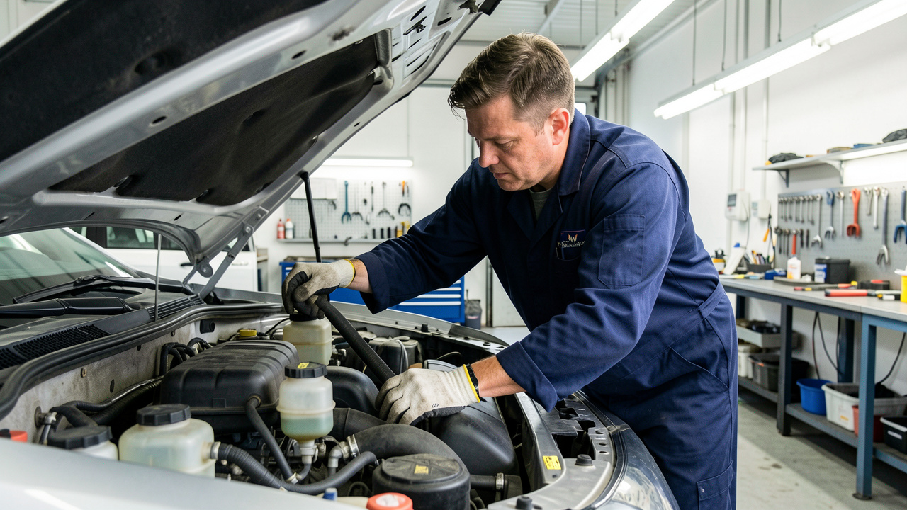 Un mécanicien inspecte les durites et les réservoirs de fluides sous le capot d’une voiture dans un atelier automobile lumineux.