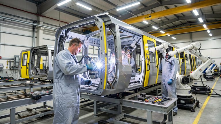Atelier ferroviaire moderne où deux opérateurs assemblent des caisses de métro modulaires avec l’aide de robots industriels.