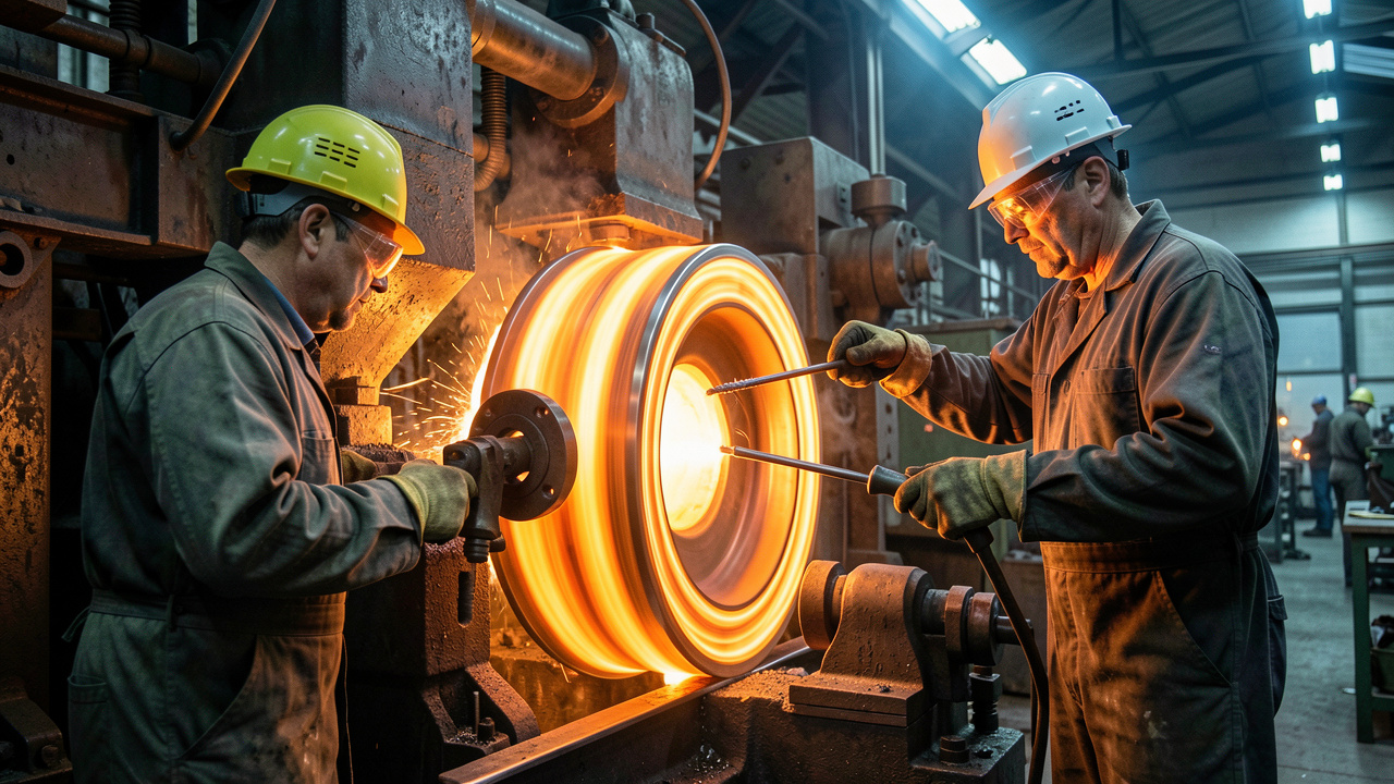 Vue réaliste d’une forge ferroviaire française dans les Hauts-de-France, avec des roues de train incandescentes, des machines industrielles et deux opérateurs équipés de protections.