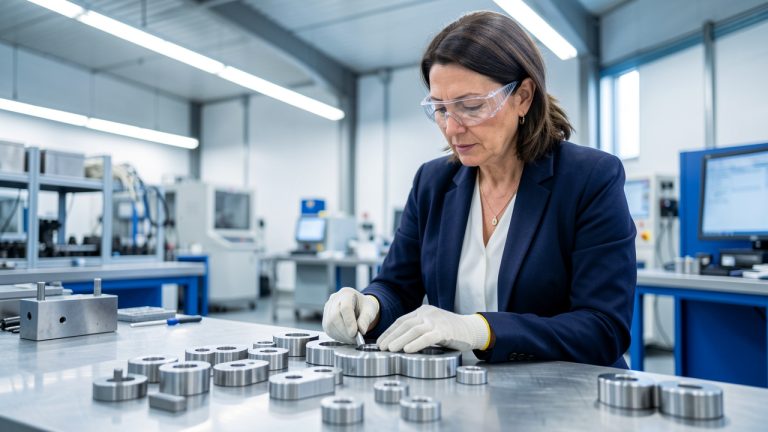 Une responsable des achats examine attentivement des composants métalliques de précision sur un établi dans une usine moderne.