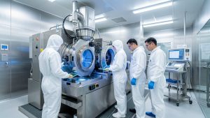 Salle blanche industrielle de fabrication de semi-conducteurs avec un grand scanner de lithographie EUV et quatre opérateurs en combinaisons blanches.