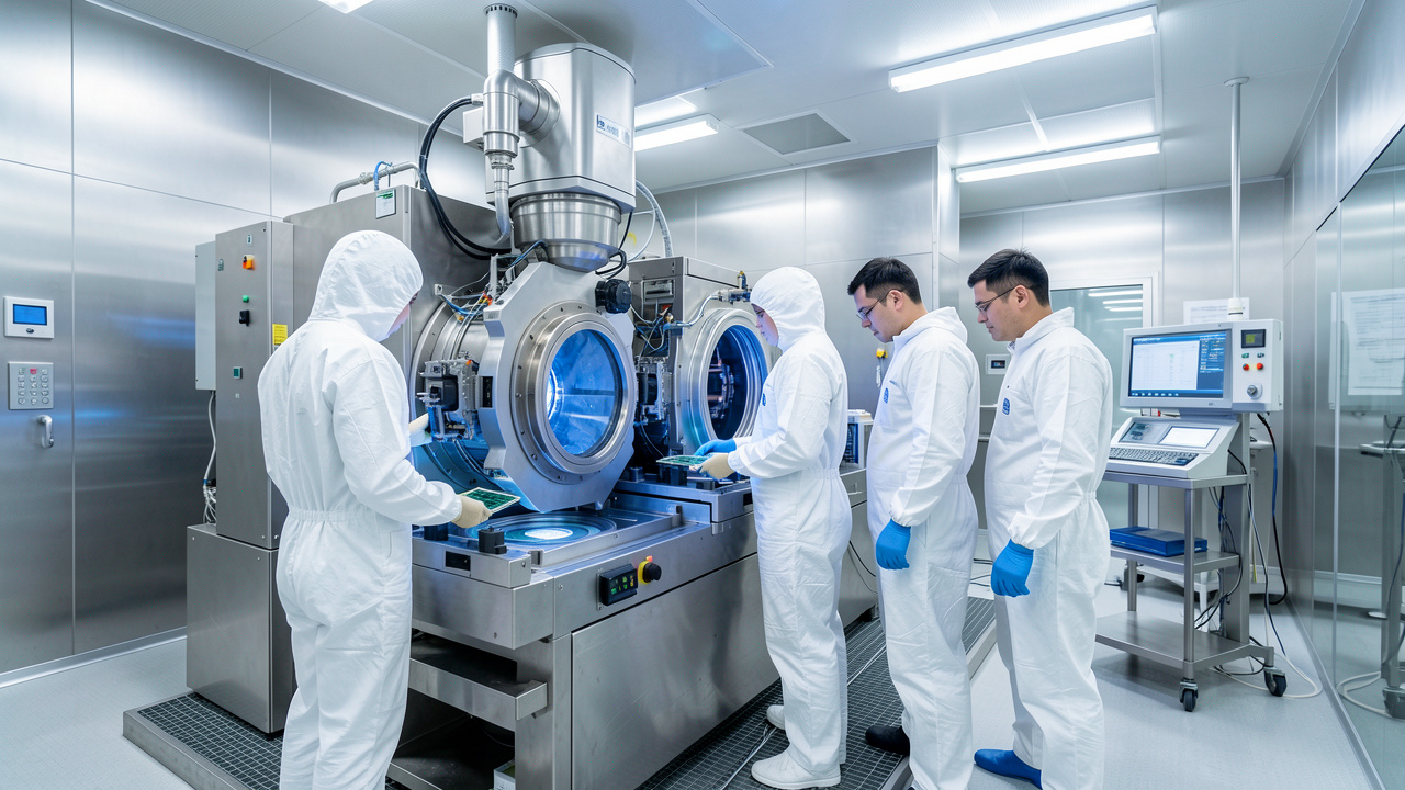 Salle blanche industrielle de fabrication de semi-conducteurs avec un grand scanner de lithographie EUV et quatre opérateurs en combinaisons blanches.