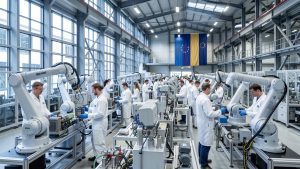 Usine industrielle européenne moderne et lumineuse où des ouvriers travaillent avec des robots à la production d’équipements énergétiques, avec des drapeaux européens discrets.