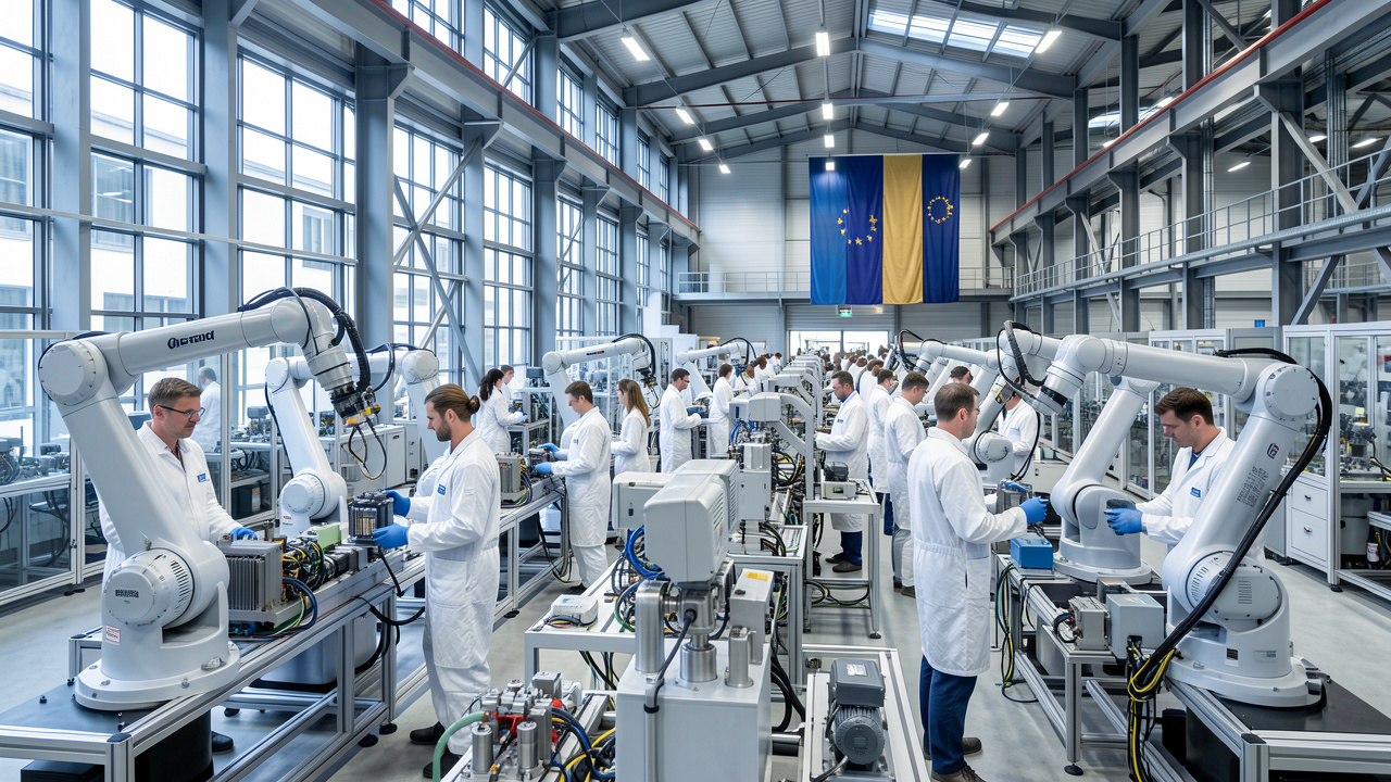 Usine industrielle européenne moderne et lumineuse où des ouvriers travaillent avec des robots à la production d’équipements énergétiques, avec des drapeaux européens discrets.