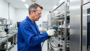Technicien industriel en tenue de travail inspectant une machine de production dans un atelier moderne et bien éclairé.