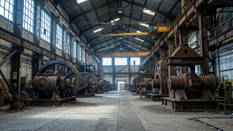 Ancienne usine sidérurgique française avec un vaste hall de production vide, des machines arrêtées, des structures métalliques vieillies et une lumière froide traversant les hautes fenêtres.