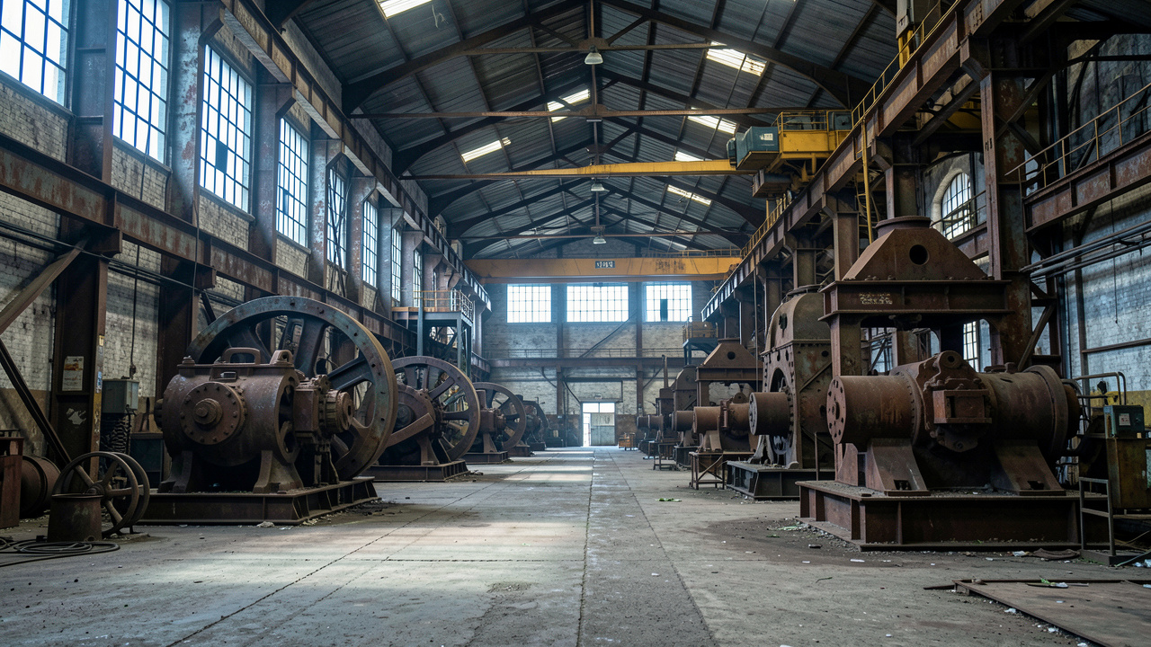 Ancienne usine sidérurgique française avec un vaste hall de production vide, des machines arrêtées, des structures métalliques vieillies et une lumière froide traversant les hautes fenêtres.
