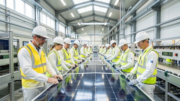 Site industriel européen lumineux avec des lignes modernes de fabrication de panneaux photovoltaïques et des ouvriers portant des équipements de sécurité.