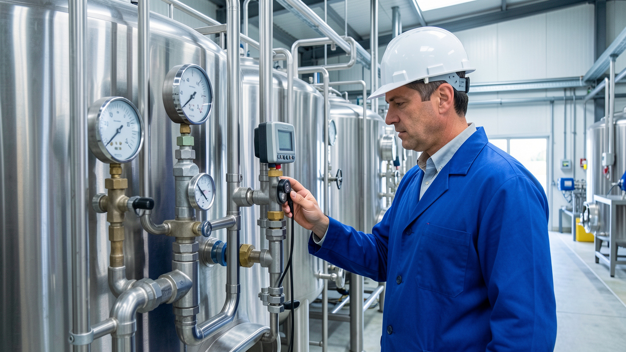 Technicien en tenue de protection relevant les compteurs d’eau près de cuves inox et de tuyauteries dans une usine agroalimentaire d’Occitanie.