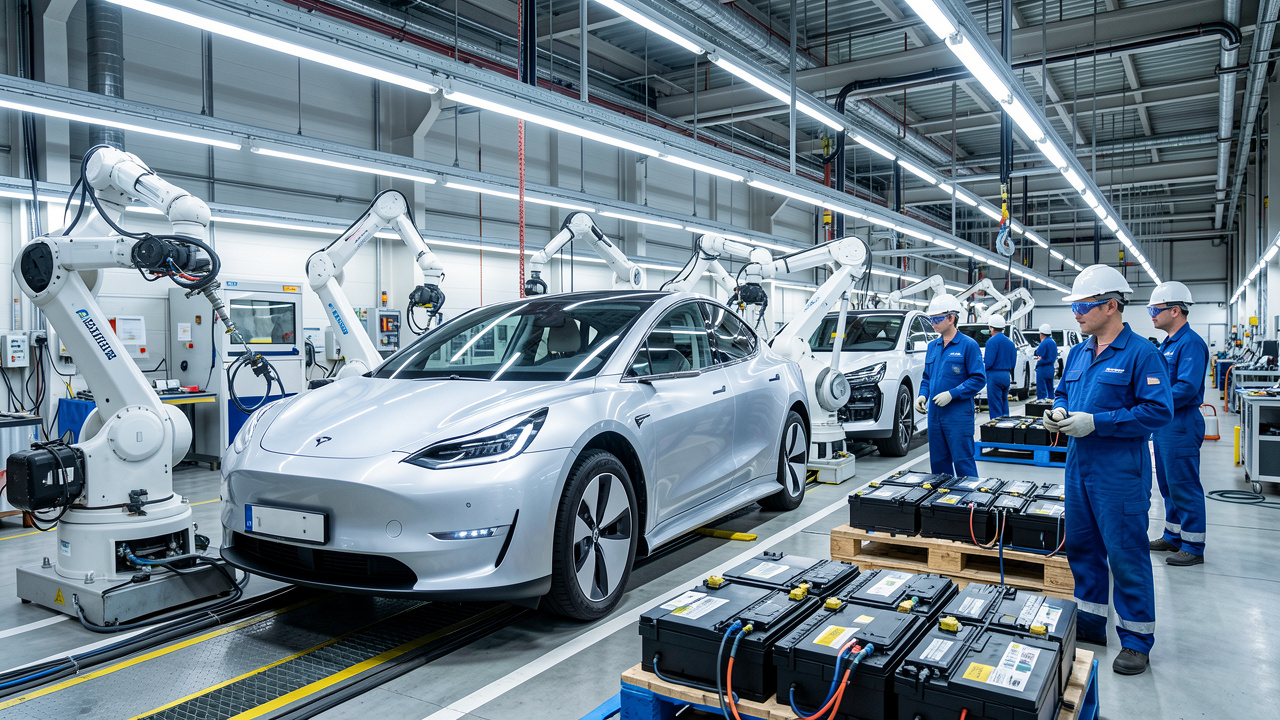 Vue réaliste d’une usine automobile européenne moderne où des robots industriels assemblent des voitures électriques, avec des opérateurs équipés et des palettes de batteries.